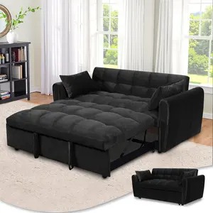 3 in 1 Convertible Sleeper Sofa Bed, 65 Inch Convertible Pull Out Couch for Living Room with Adjustable Back & Pillow, Velvet Loveseat Futon Sofa Bed for Bedroom, Black