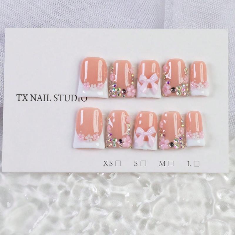 10pcs Y2K Pink And White French Press On Nails, Handmade Floral Short Duckbill Fake Nails, Stylish Acrylic Nails, Pink Bow Design, Pink And White Small Flower Decoration, Rhinestone Embellishment Nail Art, Suitable For Daily, Work, And Holiday Wear