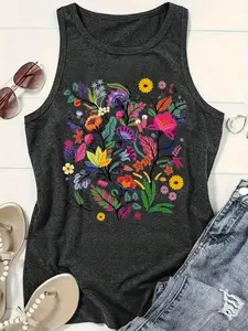 Women's Bohemian Floral Print Racerback Tank Top - Crew Neck, Colorful Folk Art Vibe, Comfortable Breathable Fabric, Flattering Fit (Styling Pairing with Skirt)
