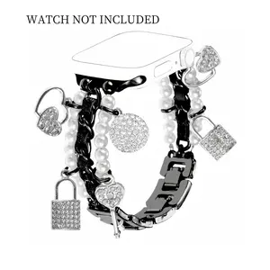 Fashionable metallic Cuban Chain Watch Band, Sparkling Lock Key Pendant Heart Pendant Watch Band, Watch Strap for iWatch Series 10 9 8 7 6 5 3 SE Ultra 2, Wearable