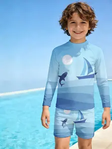 Spring and Summer Collection Shark Sailboat Ocean Waves Sun Moon Boys' Leica Shorts + Long Sleeve Swimsuit Set two-piece sun protection Quick-drying and breathable, skin-friendly and soft beach vacation casual versatile children's separate swimsuit