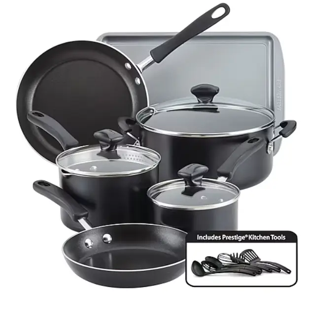Farberware Cookstart DiamondMax Aluminum 15-Piece Nonstick Cookware Set, Pots and Pans Set with Glass Lids, Frying Pans, Saucepans, Dutch Oven, Cookie Sheet, Kitchen Utensils, Dishwasher Safe, Oven Safe, Kitchen Essentials, Home Cooking