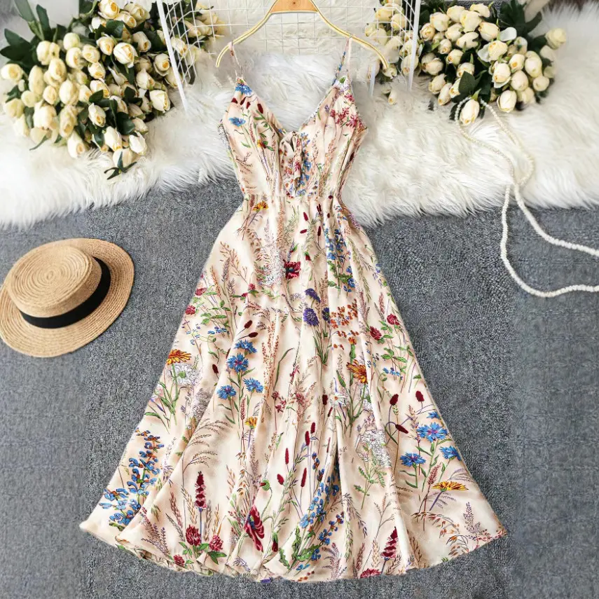 Colorful printed suspender dress, slimming effect, plus size