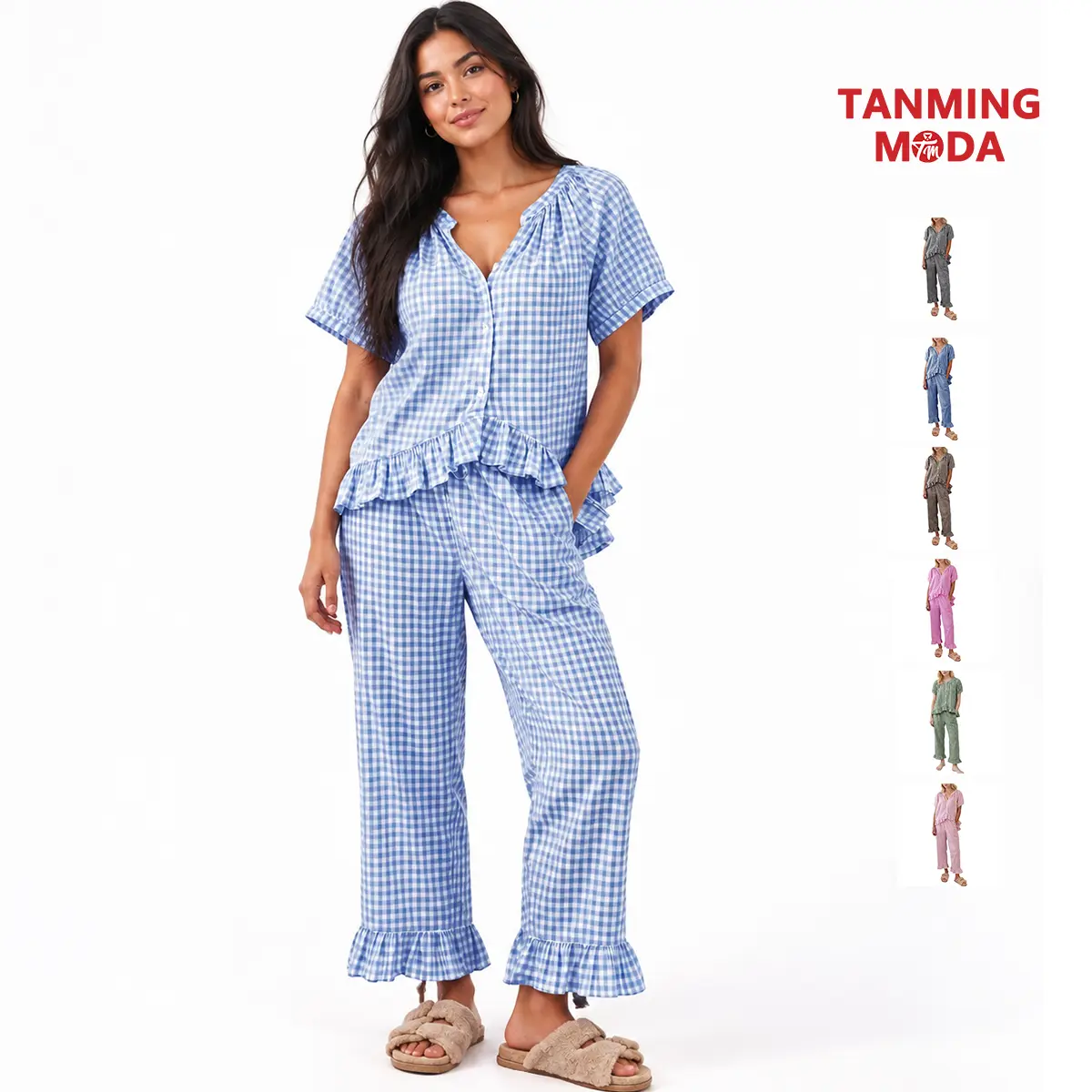 TanmingModa Women's 2-Piece Plaid Gingham Pajama Set - Button-Down Puff Sleeve Babydoll Shirt, Ruffle Pants, Y2K Loungewear, Natural Fiber Clothing, Breathable Cotton Keeps You Cool, Matching PJ Sets for Women