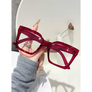 1 Pair Women’s Red Square Frame Fashion Glasses Stylish Decorative Eyewear for Daily Wear