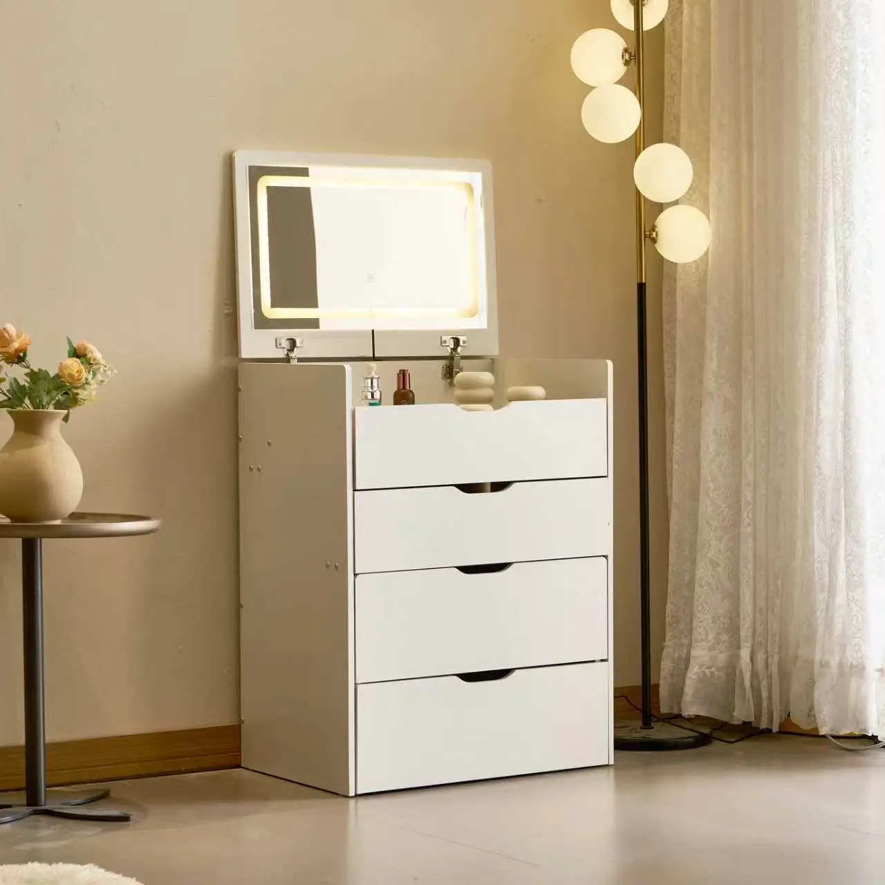 Vanity Minimalist White Flip Top Vanity Dresser with LED Light Mirror,dresser，4 Large Drawers Multifunctional Makeup Storage Cabinet for Small Bedroom Apartment