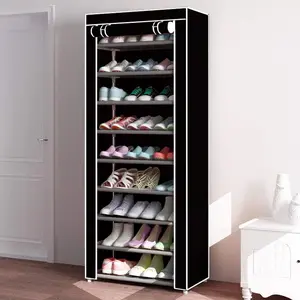 10 Tiers Shoe Rack,Large Shoe Storage Organizer Cabinet Tower with Dustproof Cover,Space Saving Non-woven Fabric Stackable Storage Shelf Shoe Rack (Black)