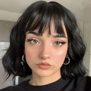 Missqueen Short Wavy Black Wig with Bangs, Short Black Bob Wigs for Women, Wavy Bob Wig with Bangs Synthetic Natural Looking Heat Resistant Fiber Wigs