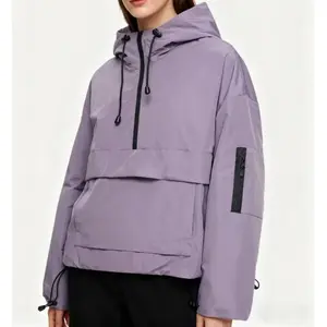 Women's Waterproof Hoodie Jacket with Kangaroo Pocket Adjustable Waist Long Sleeves Outdoor Sports Wear Waterproof Outerwear