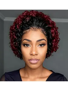 Short pixie cut bob wig (human hair), burgundy curly lace front wig, 13x1 pixie cut wig (200% density, natural hairline, women's short pixie wig, suitable for all women, easy to wear, Lace Frontal Wig, Natural Looking Wig)