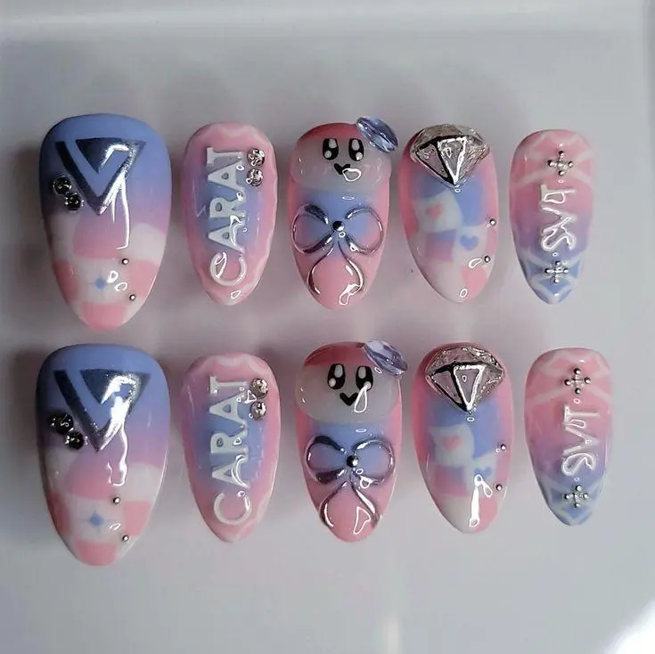 Seventeen SVT Press On Nails, Kpop Carat Nails, Rose Quartz Serenity 3D Chrome Bow Nails, Diamond Logo Handmade Reusable Fake Nail Set | Gift Set (Adhesive Tabs, Nail File, Cuticle Stick)