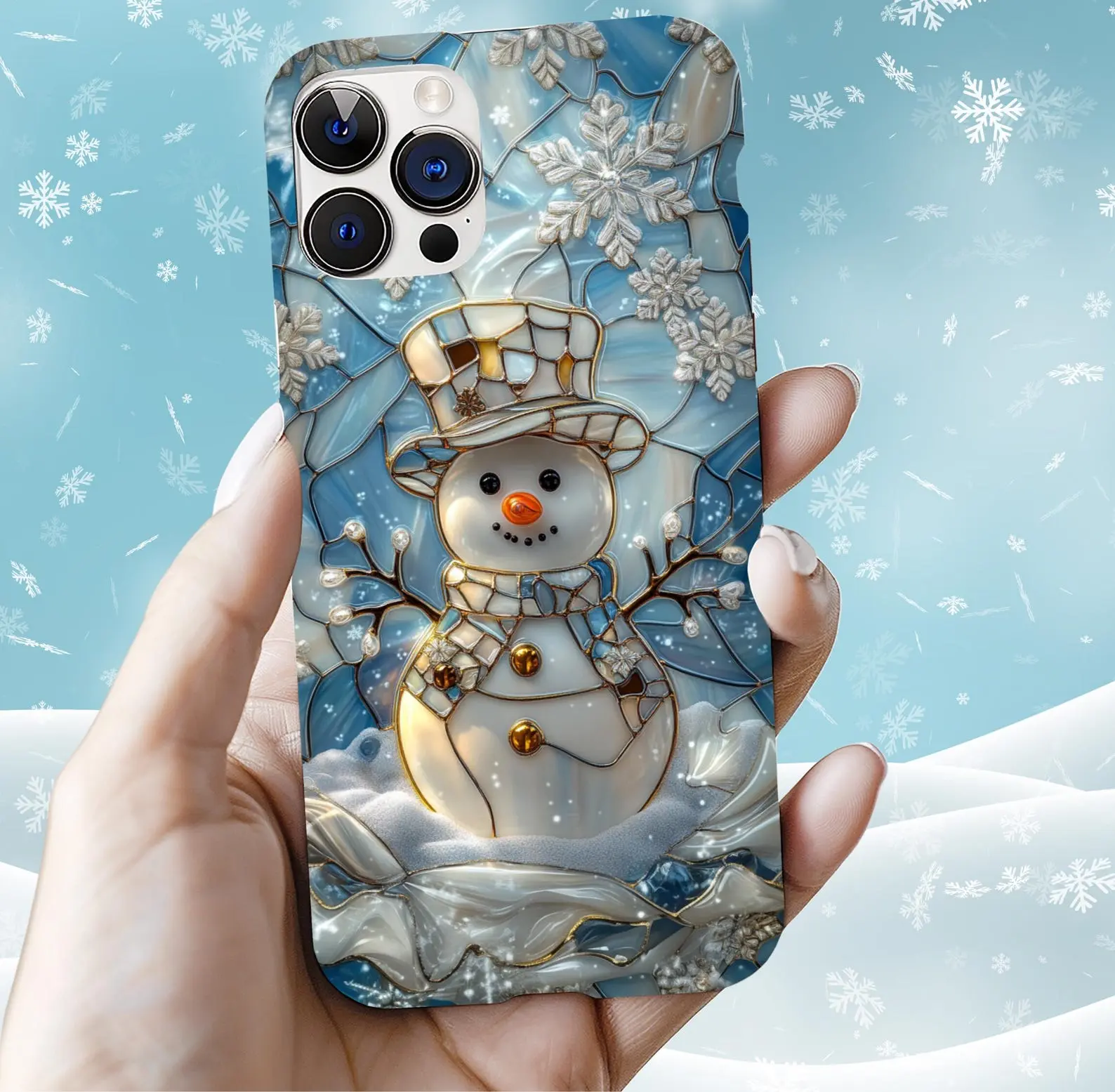 Christmas Phone Case - Glossy Finish Impact Resistant TPU Lining Wireless Charging Support Snowman Design No Warranty