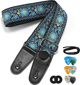 Guitar Strap, 2" Wide Jacquard Embroidery Cotton Adjustable Bass Strap with Leather Ends, with Strap Locks & Picks