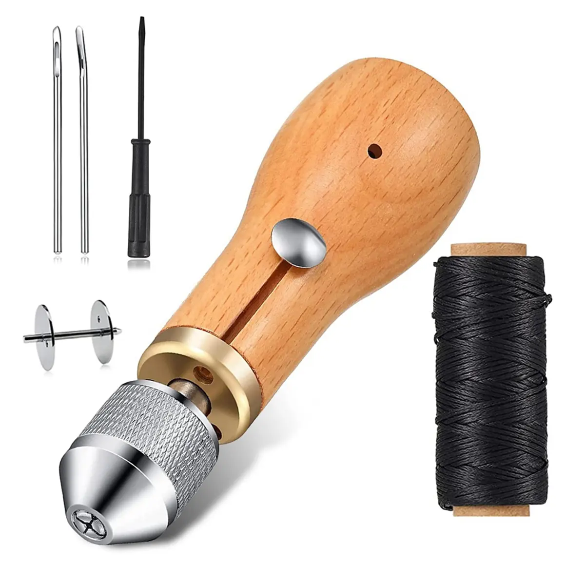 Leather Sewing Awl DIY Craft Tool Kit for Leather Craftsmen, 1x Black Waxed Thread (30m), 2 Kinds of Needles Lock Stitcher Home Supplies for Tailoring & Canvas Repairs