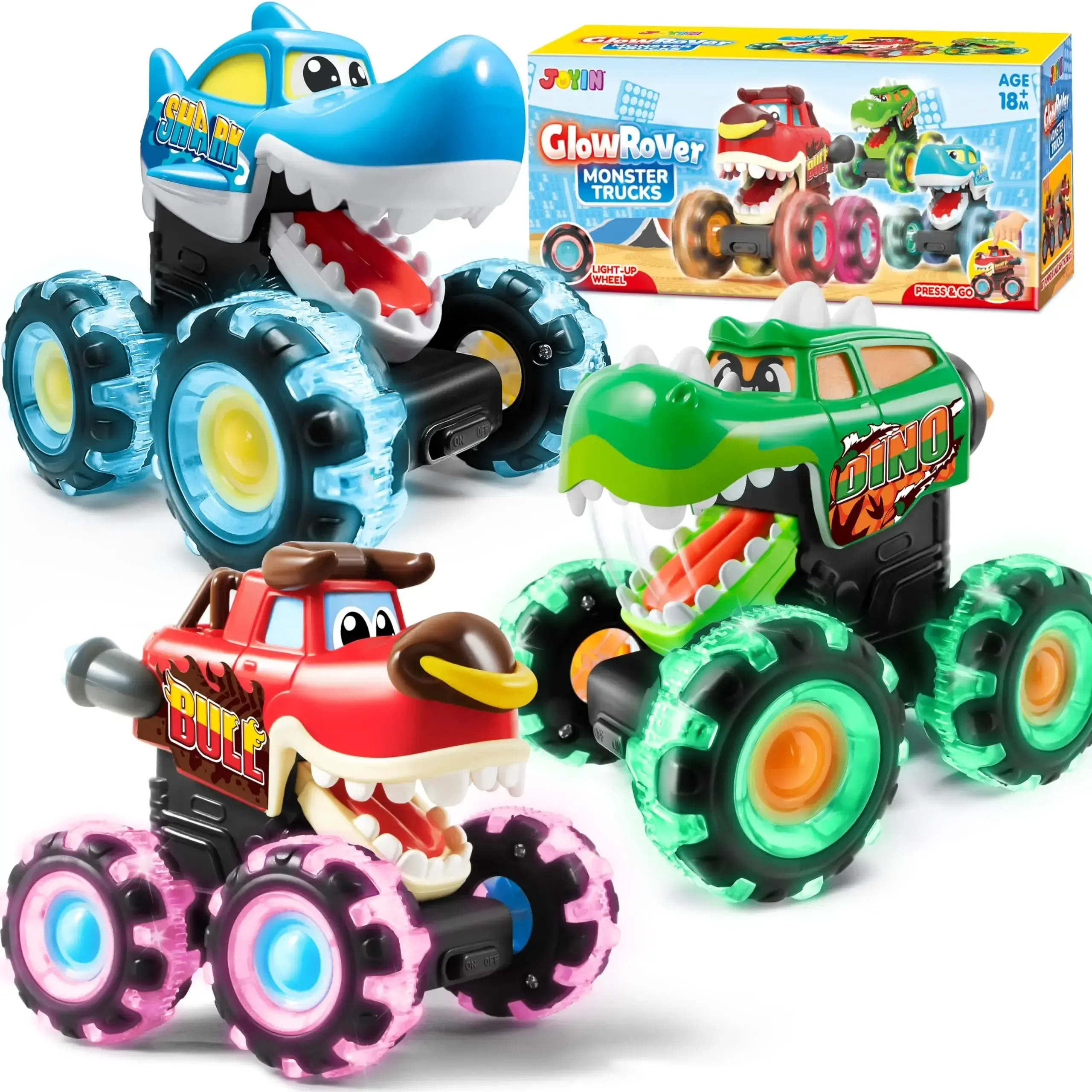 JOYIN 3 Pack Motion Activated Light-Up Monster Trucks Press & Go Cars for Boys Girls Toddlers with LED Lights Bump Action Toy Gift 51001
