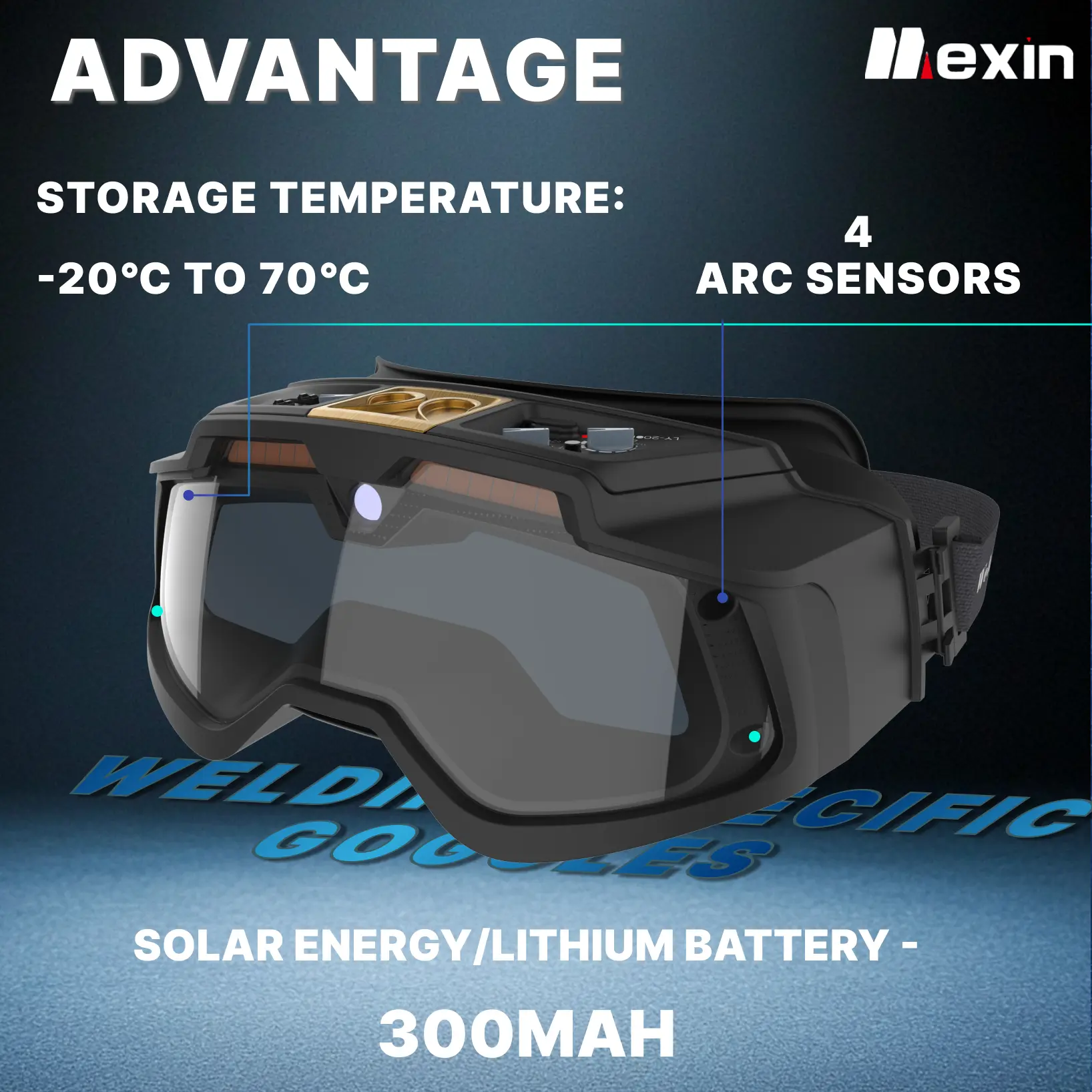 LY110R-Mexin Auto-Darkening Welding Goggles, 140 × 40Mm 368g, 4 Arc Sensors, Liquid Crystal Automatic Dimming, True Color Vision Filter, 100% Blocking UVA/UVB/IR, Replaceable Batteries, CE Certified for MIG & TIG Welding Strong Light Applications, Cells