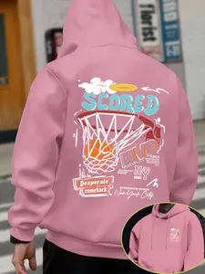 Men's Fashion Basketball Sport Printed Hoodie, Adjustable Drawstring, Front Kangaroo Pocket, Casual Long Sleeve Sweatshirt