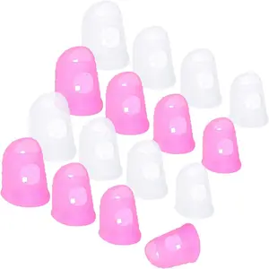 16 count Finger Tips, 4 Sizes  Thimble Fingertip Grips Thumb Protectors Pads Cover for Hand Sewing, Paper Sorting, Page Turning,  Counting, Guitar Playing - Pink, Translucent