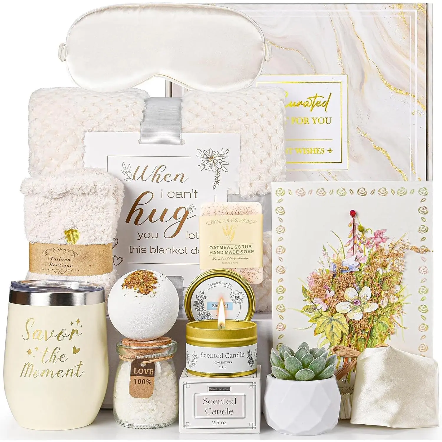Self Care Gifts for Women: 11pcs Get Well Soon Gifts Basket, Ivory Relaxing Care Package After Surgery,Luxury Cancer Care Set,Unique Birthday Gift Box for