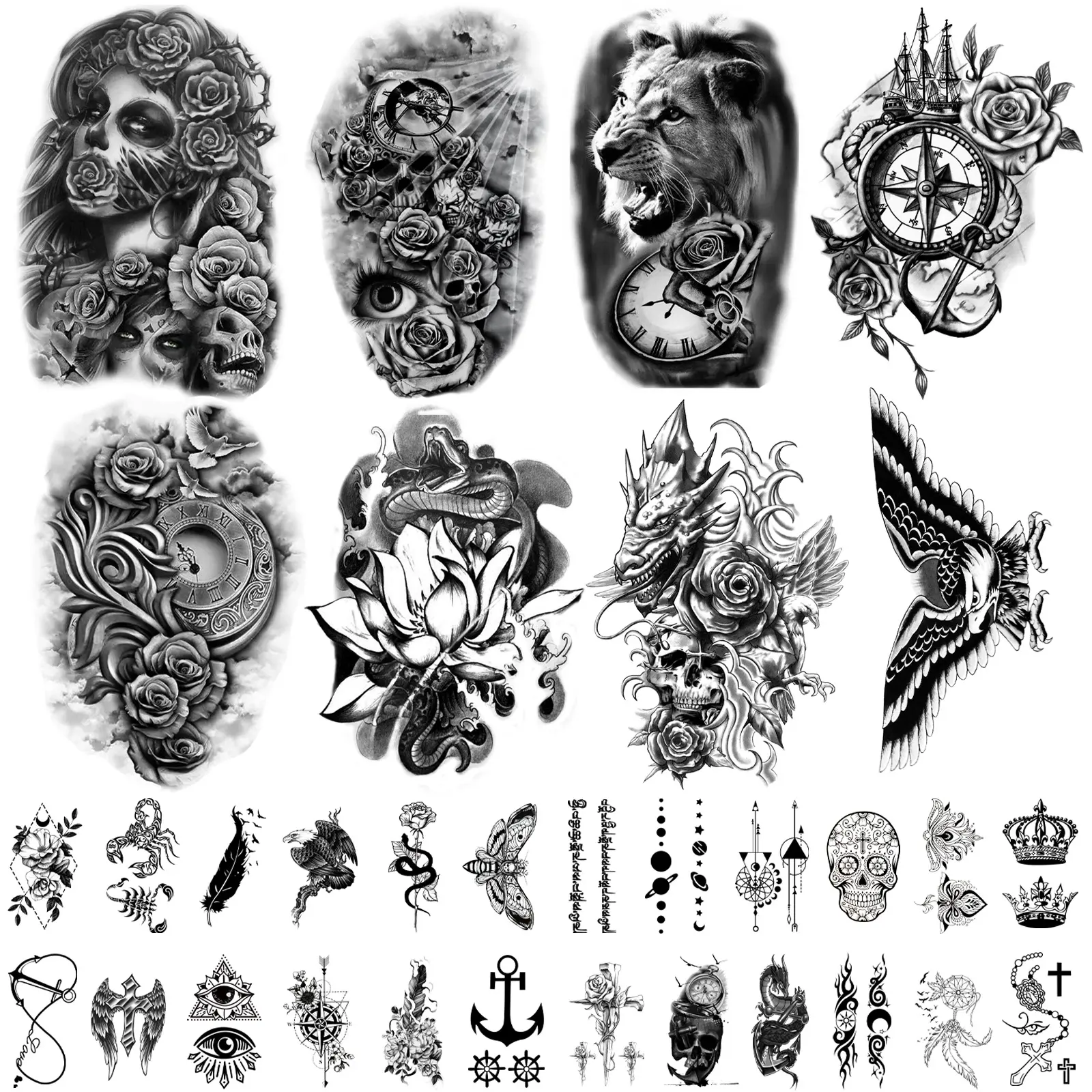 32 Sheets Temporary Tattoos Stickers, 8 Sheets Fake Body Arm Chest Shoulder Tattoos for Men Women with 24 Sheets Tiny Black Temporary Tattoos