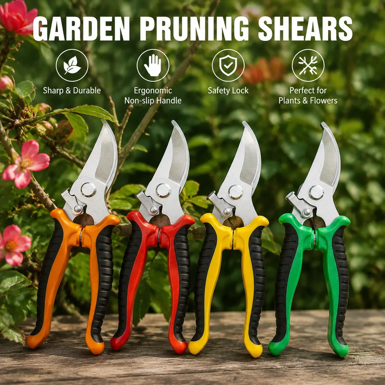 Professional Garden Pruning Shears - Stainless Steel Sharp Bypass Pruner, Ergonomic Non-Slip Handle, Safety Lock, Heavy-Duty Trimmer for Flowers, Shrubs