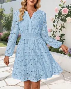 Women's Long Puff Sleeve Floral Mini Dress  V Neck Hollow Out Eyelet Lace Embroidery Ruffle A Line white floral wedding guest mini dress, Long Sleeve, Pull On