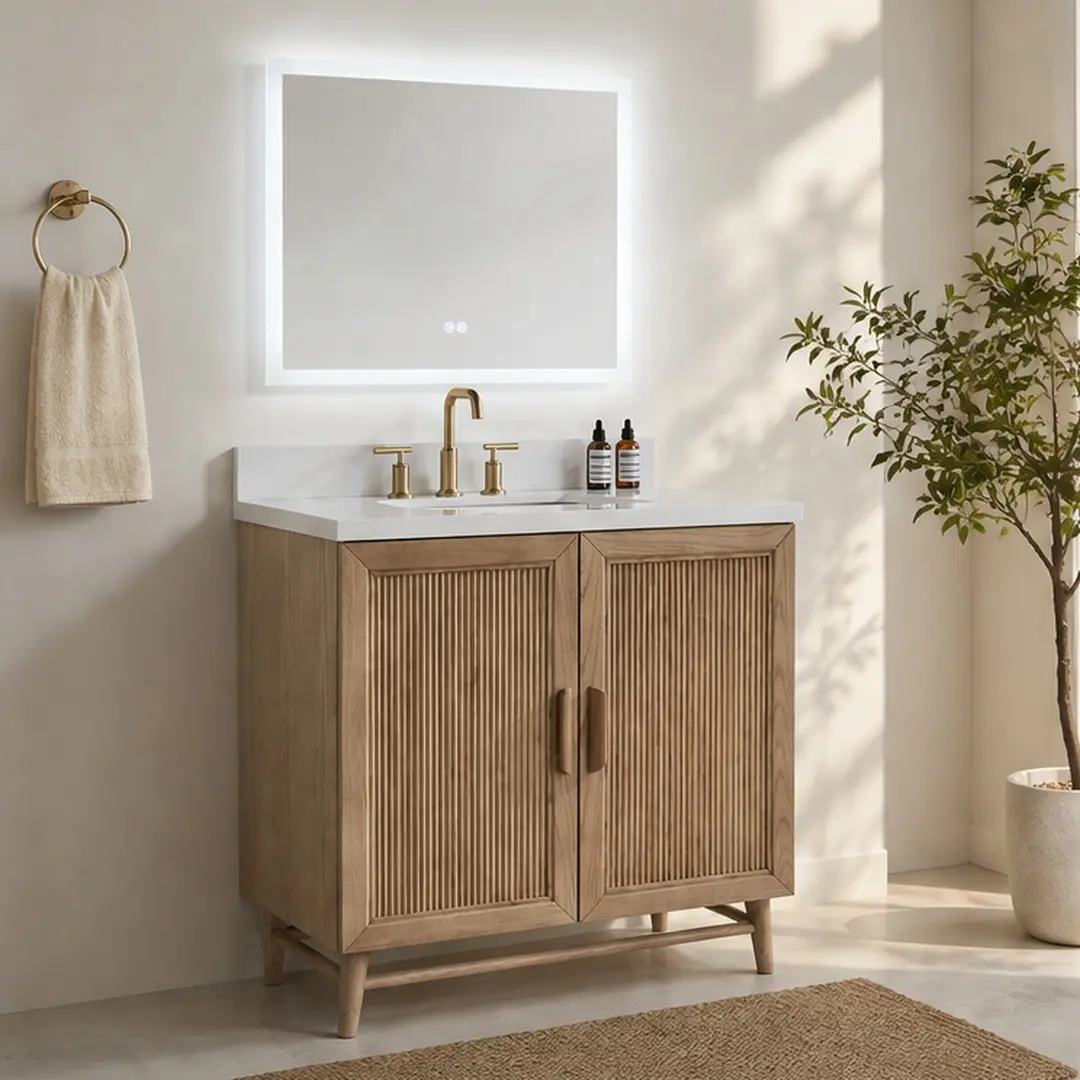 36-Inch Light Coffee Freestanding Single Sink Bathroom Vanity with Solid Wood Cabinet, Engineered White Carrara Marble Top, Soft-Close Dovetail Drawers, Fully Assembled, Modern Bathroom Storage Floor Cabinet, Light Coffee Color Options