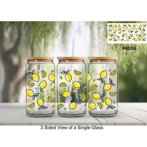 “Lemon Stars” UVDTF Wrap on Can-Shaped Glass with Bamboo Lid and Glass Straw [FR006]