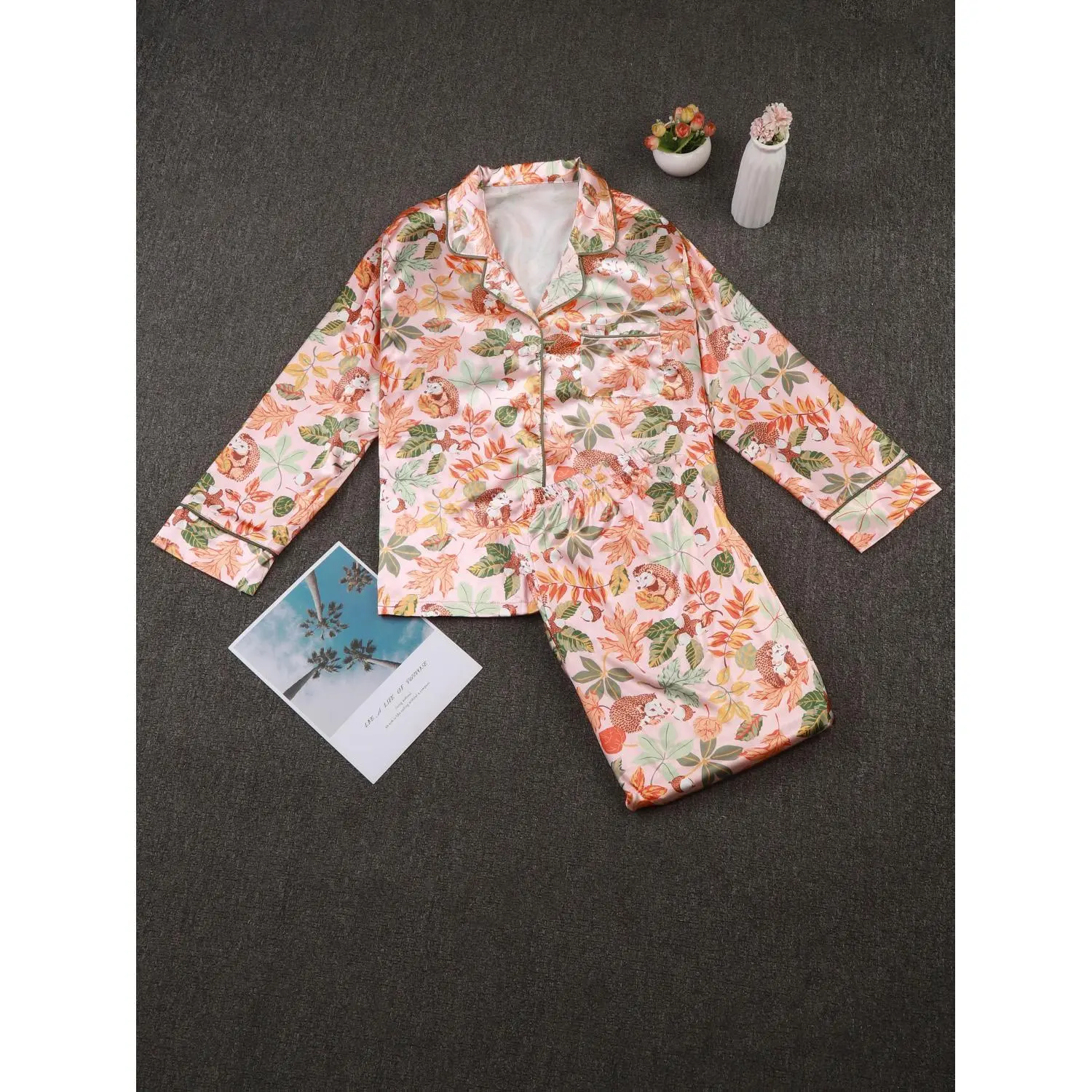 Women'S Charmeuse Pajama Set, Cute Hedgehog Maple Leaf Print Long Sleeve Button Top And Long Pants, Plus Size Soft Loungewear 2pcs Sleepwear