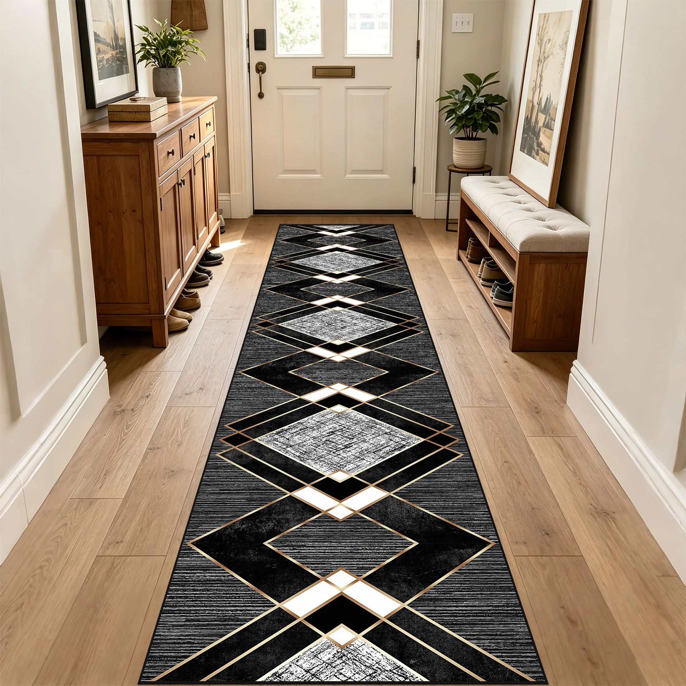 0.23in Thick 2.2'x12' Black Geometric Modern Printed Runner Rug - Modern Area Rug, Geometric Floormat, Stable Nonslip Indoor Entrance Mat for Bedroom, Hallway, Easy Clean Care Home Decor, Durable