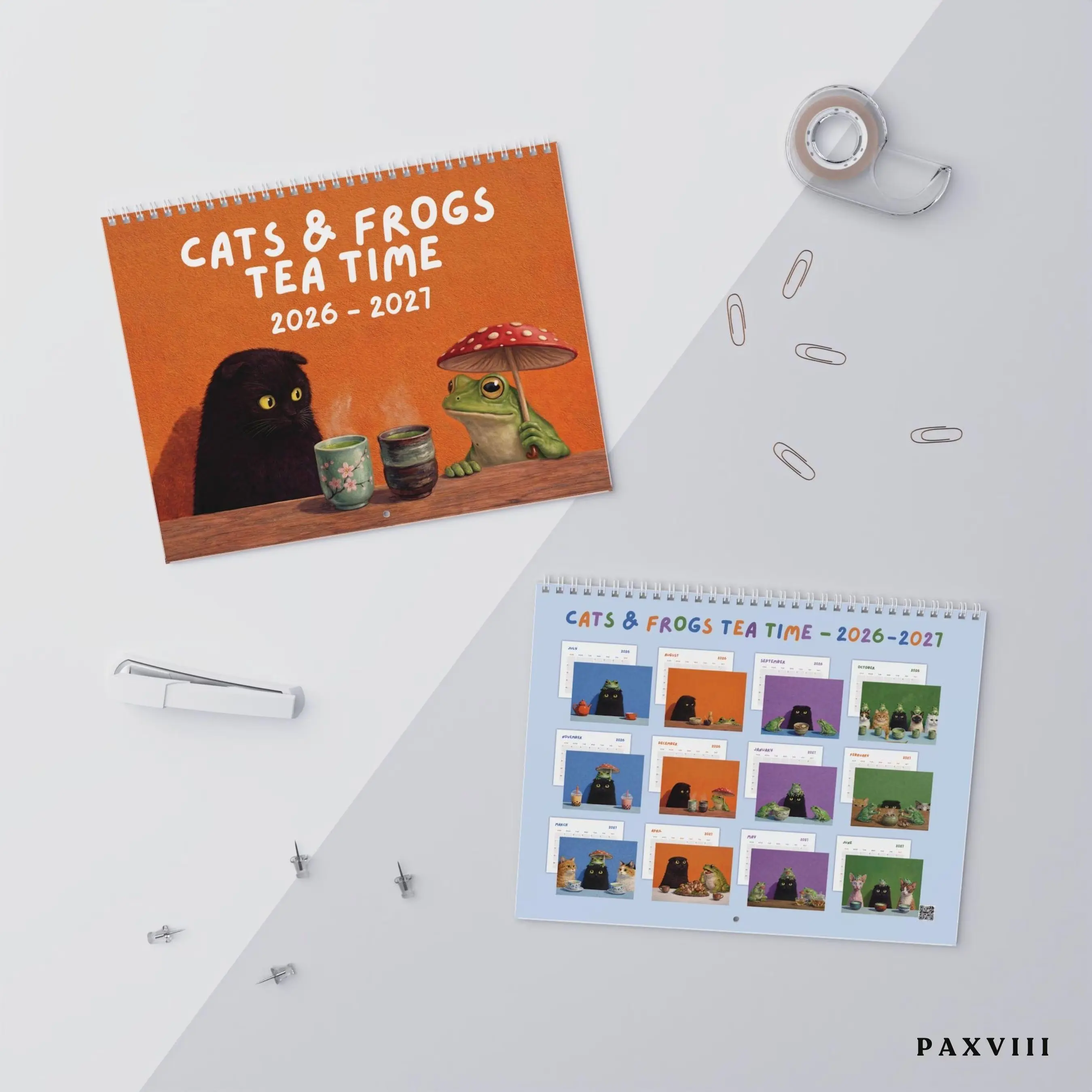 Frog and Cat With Tea Calendar 2026 2027 Cat Wall Calendar Planner, Frog Mushroom Calendar, Cottagecore Wall Calendar 2026-2027 Cat Calendar