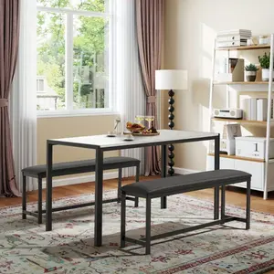 Marble Dining Table Set for 4 with Faux Marble Top and PU Leather Upholstered Benches, 3 Piece Dining Set for Small Spaces, Kitchen Table with Bench, Space-Saving Design