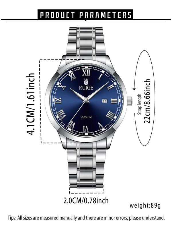 Men's Business Fashion Round Dial Analog Quartz Watch, Stainless Steel Luminous Waterproof Quartz Watch, Classic Fashion Watch with Calendar, Trendy All-match & Exquisite Watch for Birthday Gift with Box, Stainless Steel Watches