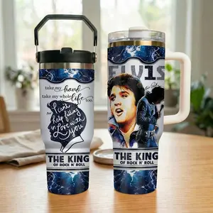 The King Of Rock N'Roll 40oz 30oz Tumbler With Handle, Rock And Roll Tumbler, Guitar And Photo Collage Stainless Steel Cup, Gift for Rock Lover
