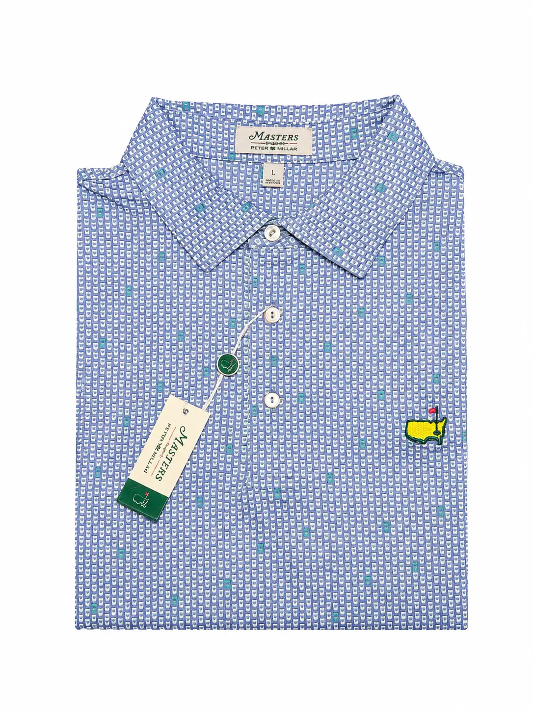 Men's Masters Peter Millar Blue Cups Pattern Performance Polo Shirt - Large, Moisture-Wicking, Sweat-Proof, Well-Fitting Jersey Large Polo Shirt, Moisture-Wicking Polo Shirts, Jersey Polo Shirts