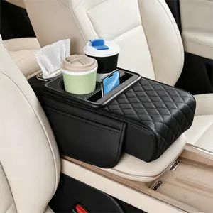 Car Center Console Armrest Pillow, 4 in 1 Vehicle Arm Rest Cover with Tissue Box 2 Side Storage Bag Cup & Phone Holder, Auto Armrest Cushion, Universal Fit,  Arm Rest Protector Cushion, Car Accessories (Black)