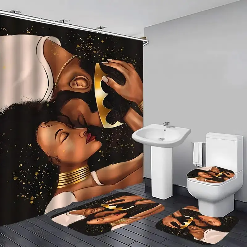 1/4-Piece Set: African American Kissing Design Bathroom Shower Curtain and Mat Set, includes 12 hooks, non-slip bathroom mat, non-slip toilet U-shaped mat, toilet seat cover, bathroom partition, modern home decor, Shower Curtain Sets