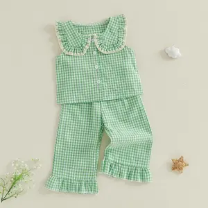 Thorn Tree Girls Summer Outfits Ruffle Sleeve Button Up Dress Tops Plaid Linen Pants Spring Toddler Girl Clothes