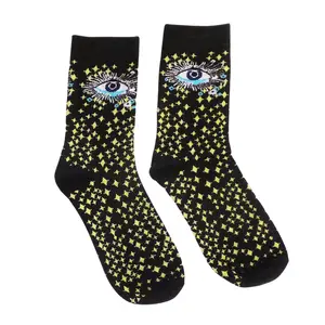 Third Eye Celestial Cotton Socks | Black Spooky Crew Socks Spandex Womenswear Knitwear Fits