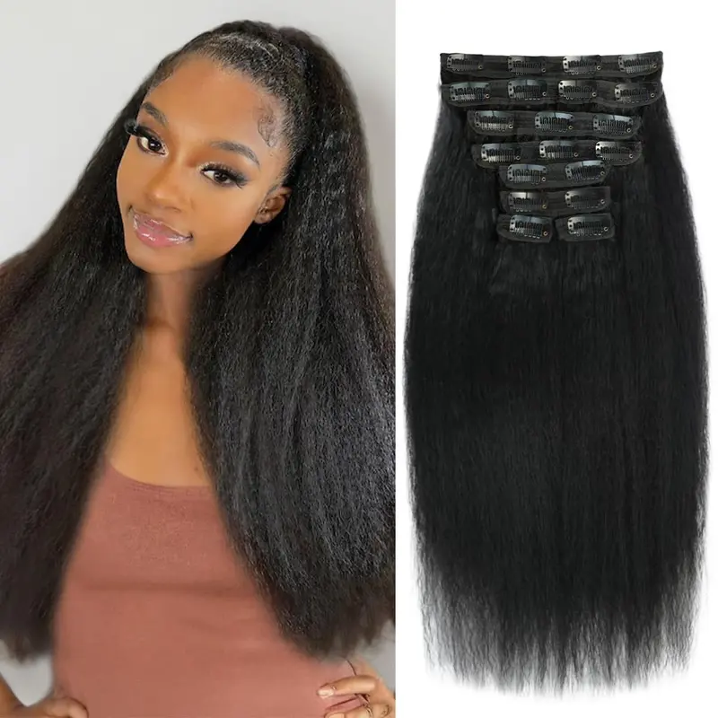 Kinky Straight Clip ins 8Pcs 120g Clip in Hair Extensions Real Human Hair Yaki Straight Clipins for Black Women Full Head Brazilian Remy Hair Extensions Double Weft 20 Clips