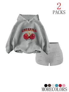 Women's Fall Winter Warm Hooded Drawstring Sweatshirt Set, Cute Halloween Pattern, Fitted Pocket Hoodie and Gym Shorts, 2 Piece Sweatsuit Sets, Sportswear Set