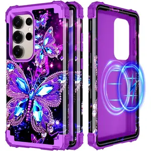 for Galaxy S25 Ultra Case,Compatible with,Three Layer Heavy Duty Sturdy Shockproof Full Body Protection Rugged Hard PC+Soft TPU Bumper Case for Samsung Galaxy S25 Ultra,Amaranth Western Cow Keychain Shatterproof 16 Pro Max Screen Protector phone