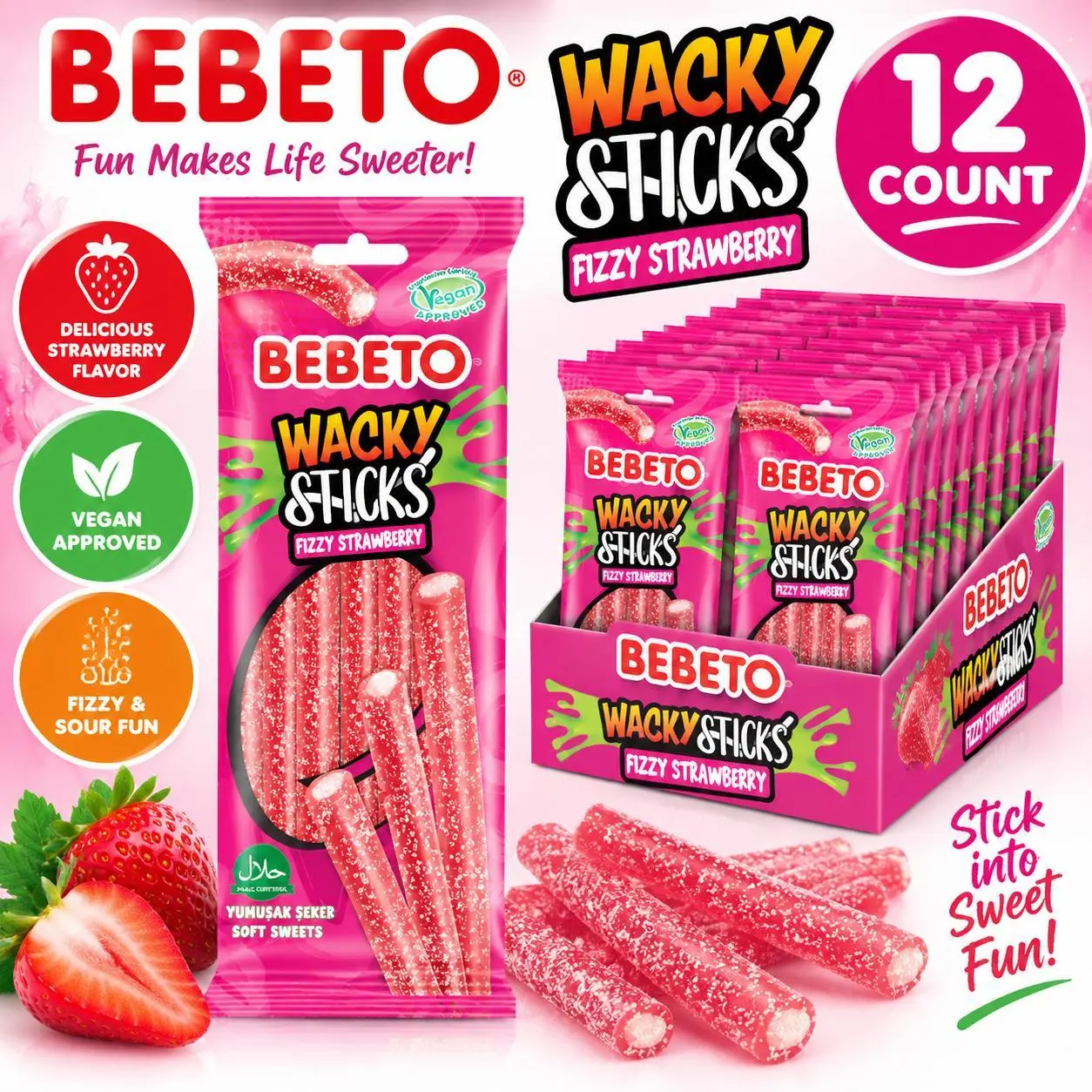 Bebeto Imported Wacky Sticks Chewy Sweet Fizzy Strawberry Candies Snack, 2.65oz, 12 Pieces Tray