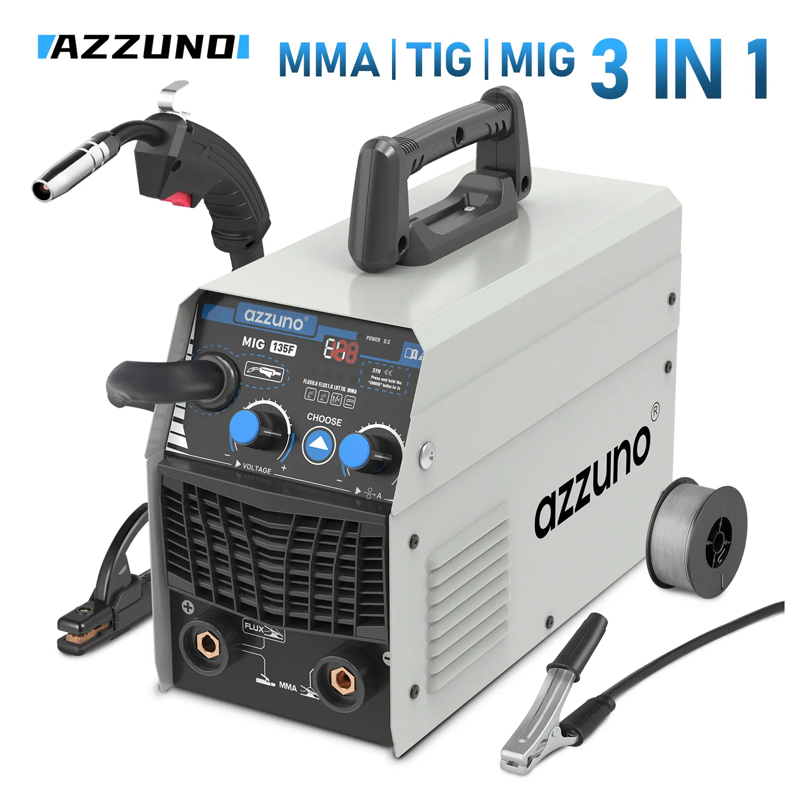 【Fresh Start Special】AZZUNO 135A 110V±15% 3-in-1 Synergic Control MIG Welder, Metal Welding Tool for Home & Workshop Use