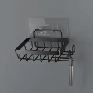 Adhesive Soap Bar Holder for Shower Wall, Self Draining Soap Dish Container Caddy Saver with 2 Hooks for Razor Loofah, Shampoo Sponge Tray Case Box for Bathroom Kitchen Sink, Black