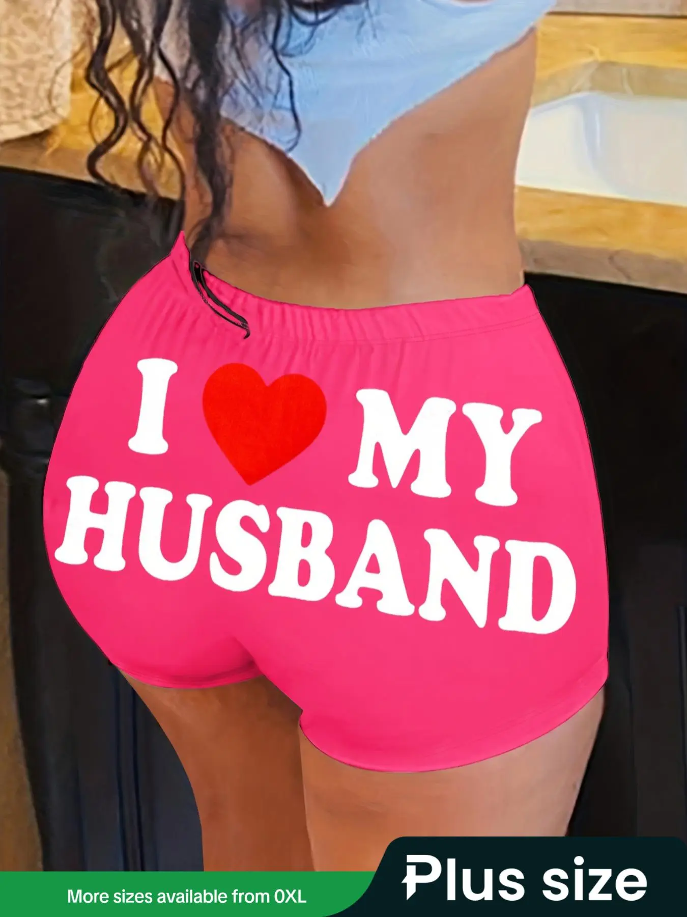 Plus Size "i Love My Husband" & Heart Print Skinny Shorts, Casual Comfy Elastic Waistband Shorts for Daily Wear, Women's Bottoms for Summer, Womenswear, Gym Shorts, Breathable Fitness Shorts, Skinny Workout Shorts