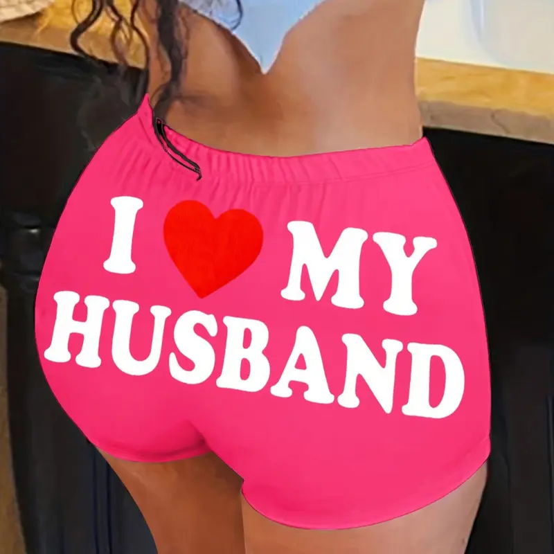 Plus Size "i Love My Husband" & Heart Print Skinny Shorts, Casual Comfy Elastic Waistband Shorts for Daily Wear, Women's Bottoms for Summer, Womenswear, Gym Shorts, Breathable Fitness Shorts, Skinny Workout Shorts