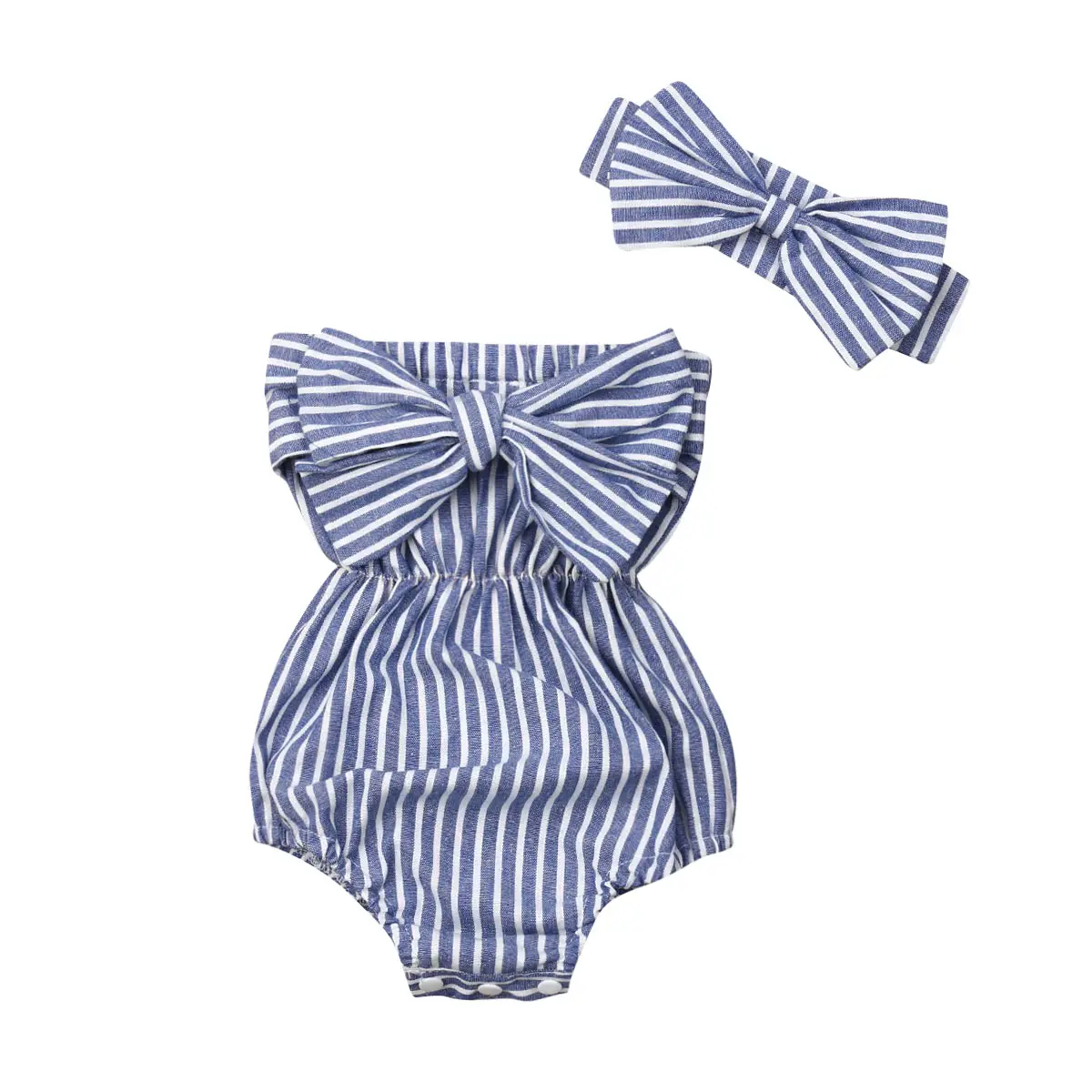 Infant Newborn Baby Girl Summer Outfits Bow Romper Tube Top Sleeveless Striped Jumpsuit Headband Fall Clothes Sets