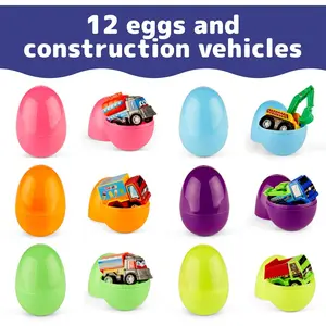 PREXTEX Set of 12 Toy Filled Easter Eggs with Pull-Back Construction Vehicles - Pre Filled Plastic Easter Eggs with Toys Inside - Large Egg Party Favors for Kids