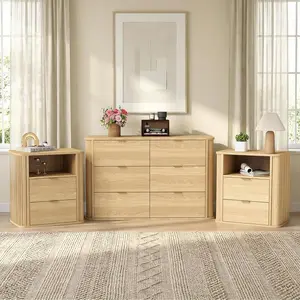 3-Piece Bedroom Furniture Set, Modern Fluted 6 Multi-Drawer  Dresser & 2-Drawer Nightstands,Mid-Century Wood Storage Cabinet Set for Bedroom, Hallway